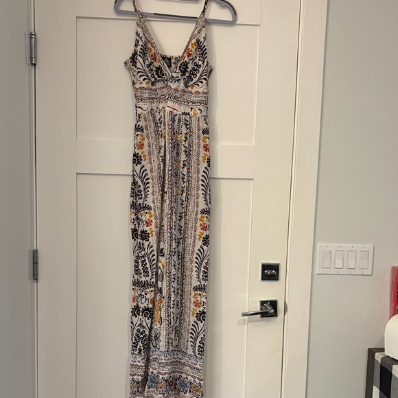 Angie Pants - Angie White Maxi jumpsuit with Black Paisley and Yellow Floral Accents